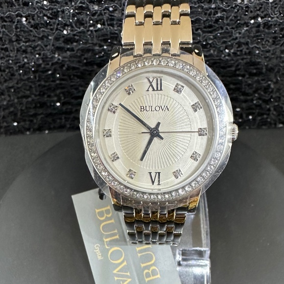 Women's (NWT) Silver Bulova with Mother-of-Pearl face, Diamond hours, & crystals - Picture 1 of 5